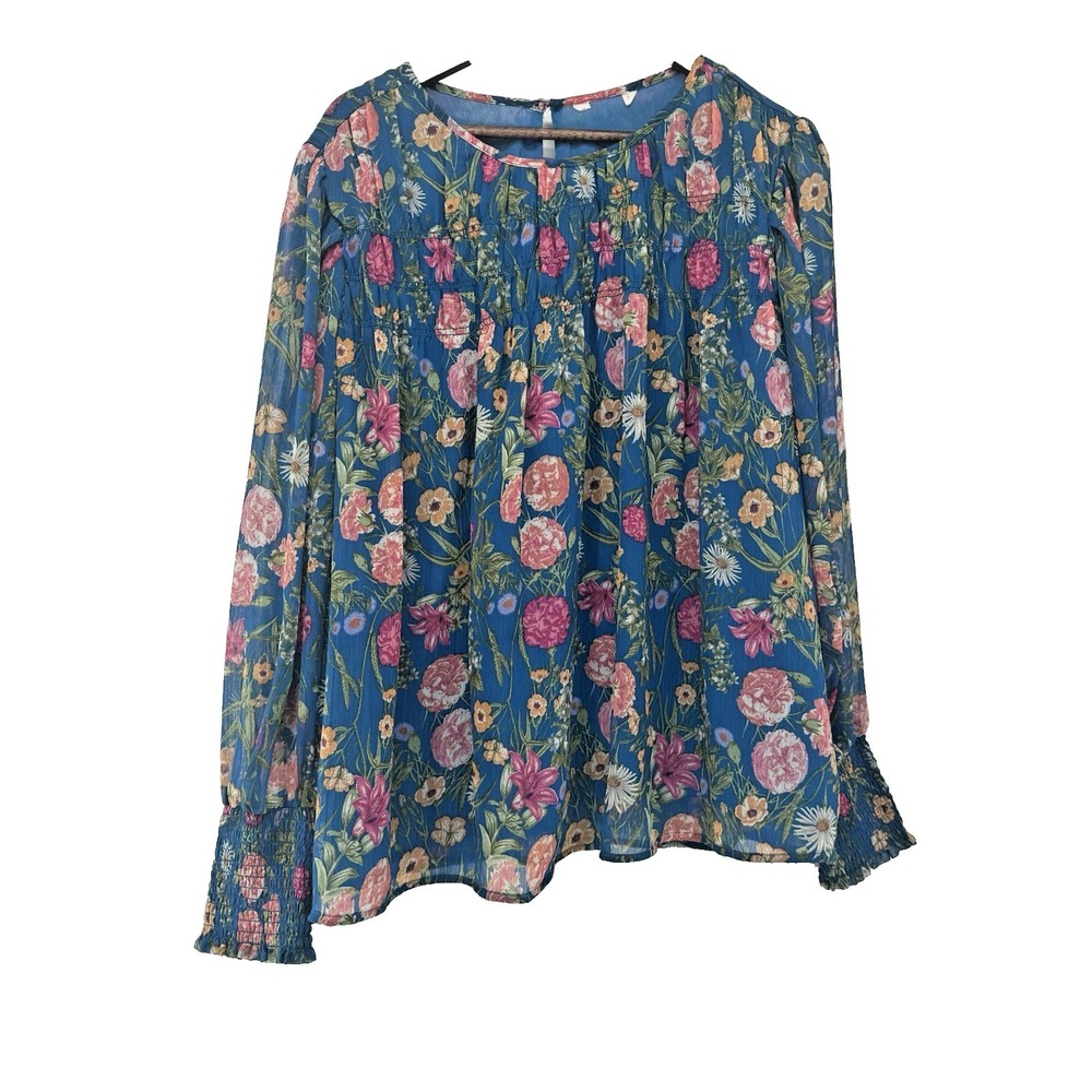 Terra Sky 1X Smocked Long Sleeve Chiffon Lined Blue Floral Peasant bloomcore